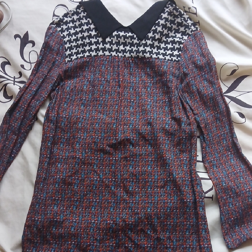 Sisley Black and Red Houndstooth Collared Midi Dress Size 42EU